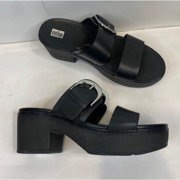 FitFlop Women's Pilar Leather Platform Heeled Sandals Wedge Clog Black Size 10 - Picture 3 of 9